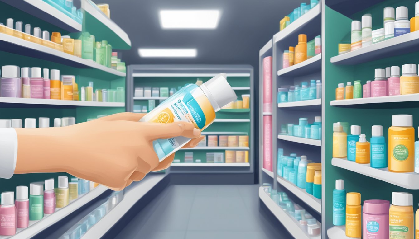 A hand reaches for a tube of rectogesic ointment on a pharmacy shelf