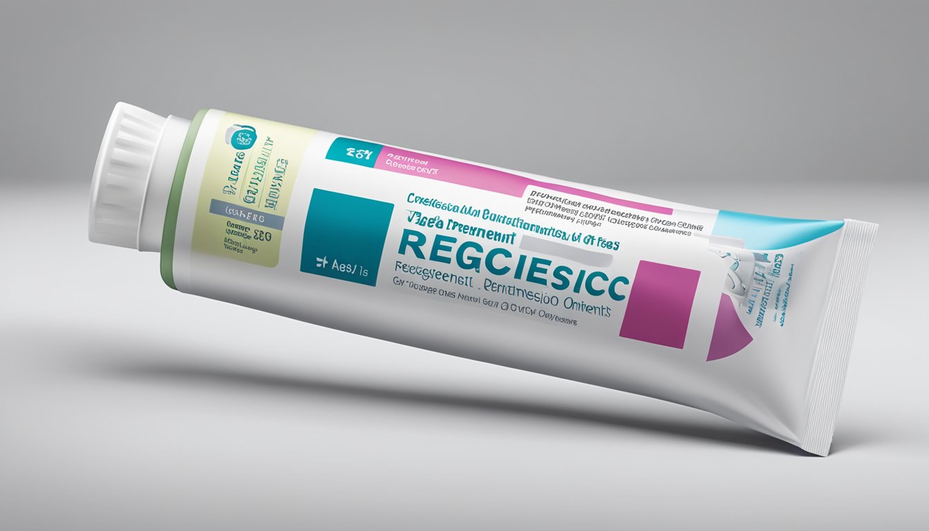 A tube of Rectogesic ointment sits on a white countertop, next to a prescription label and a leaflet. The tube is open, with a small amount of ointment squeezed out onto the surface