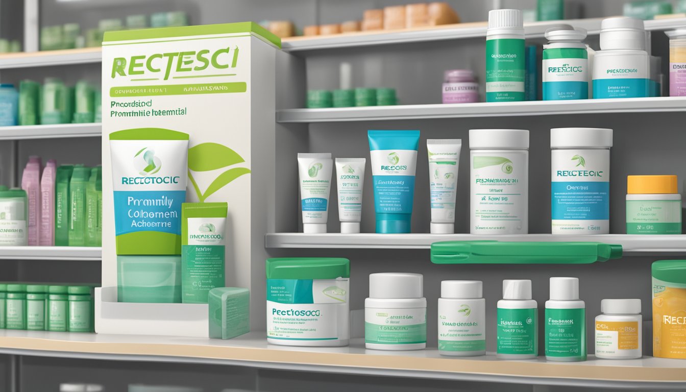 A tube of Rectogesic ointment sits on a pharmacy shelf, surrounded by other medications. The label prominently displays the product name and logo