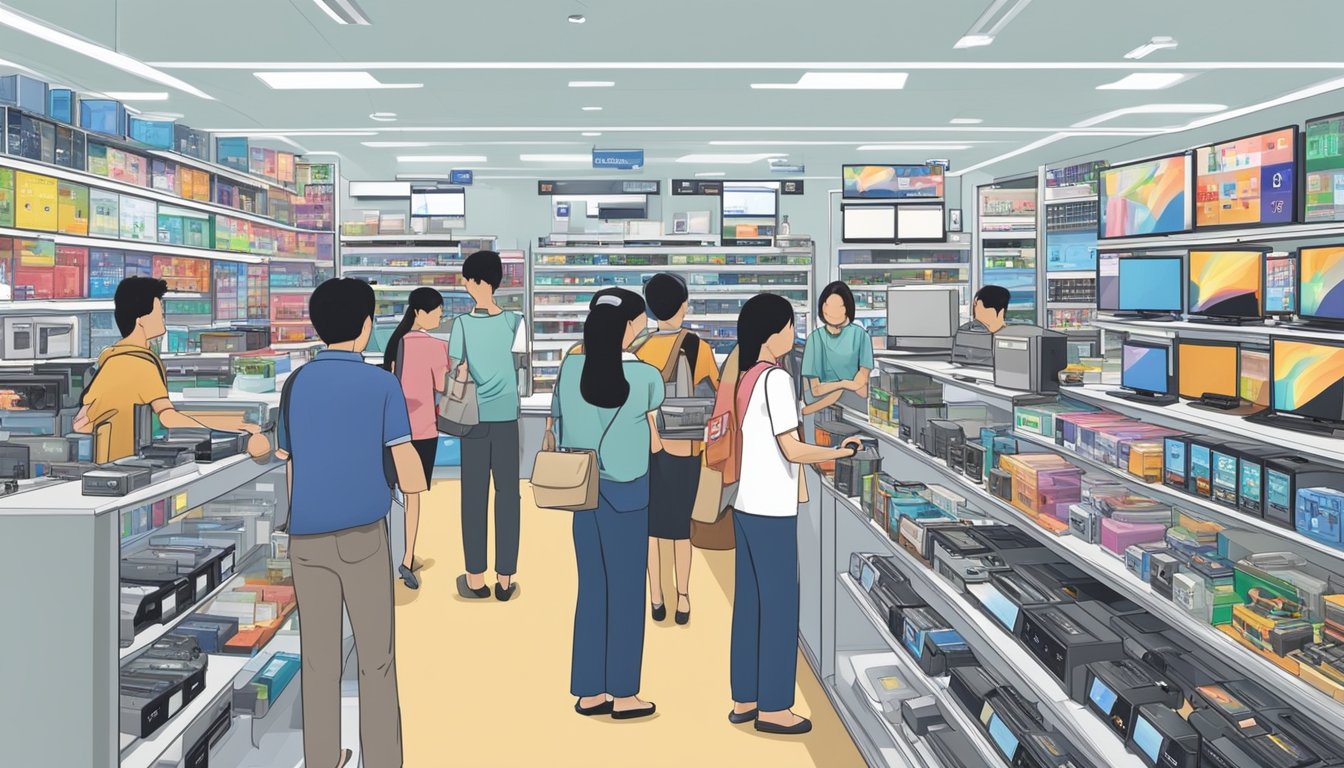 A bustling electronics store in Singapore sells Panasonic products. Shelves are stocked with TVs, cameras, and appliances. Customers browse and interact with sales staff