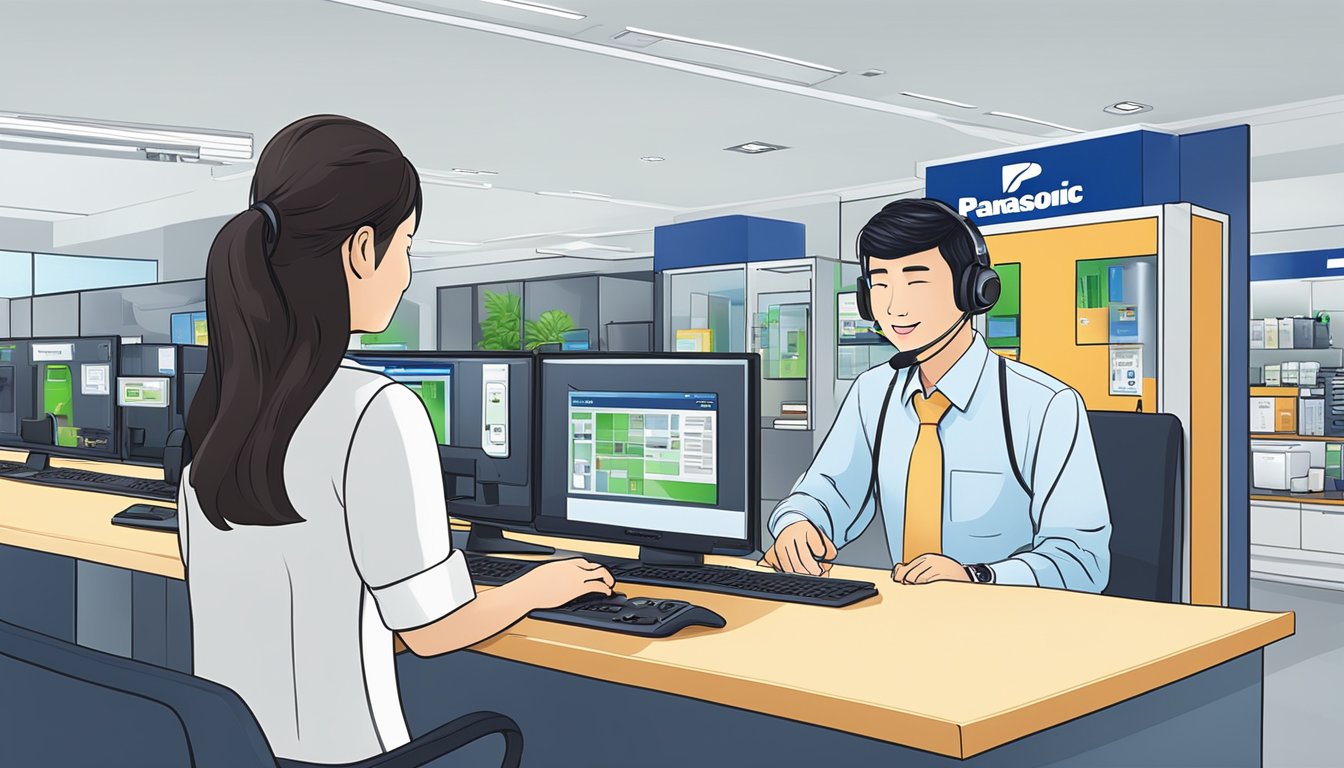 A customer service representative assists a client with a Panasonic product at a service center in Singapore