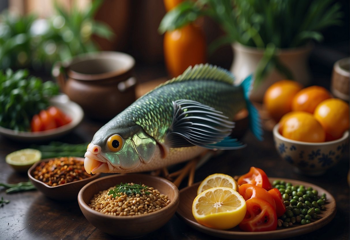 A parrot fish being prepared in a traditional Chinese kitchen, surrounded by fresh herbs, spices, and cooking utensils