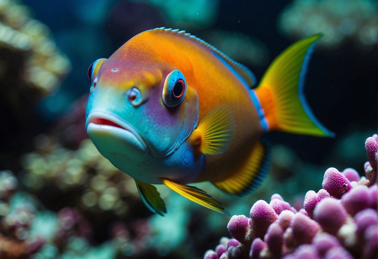 A colorful parrotfish swims among vibrant coral reefs, surrounded by a variety of marine life