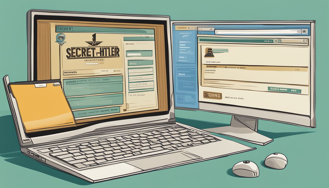 A computer screen displaying a web browser with the search bar showing "Secret Hitler buy online" and a cursor clicking on the search button