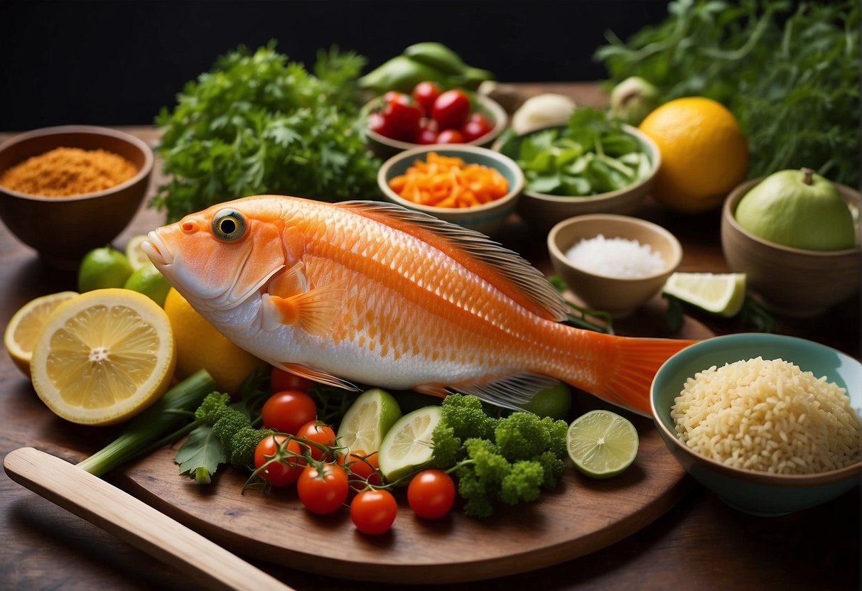 A parrot fish surrounded by essential Chinese recipe ingredients