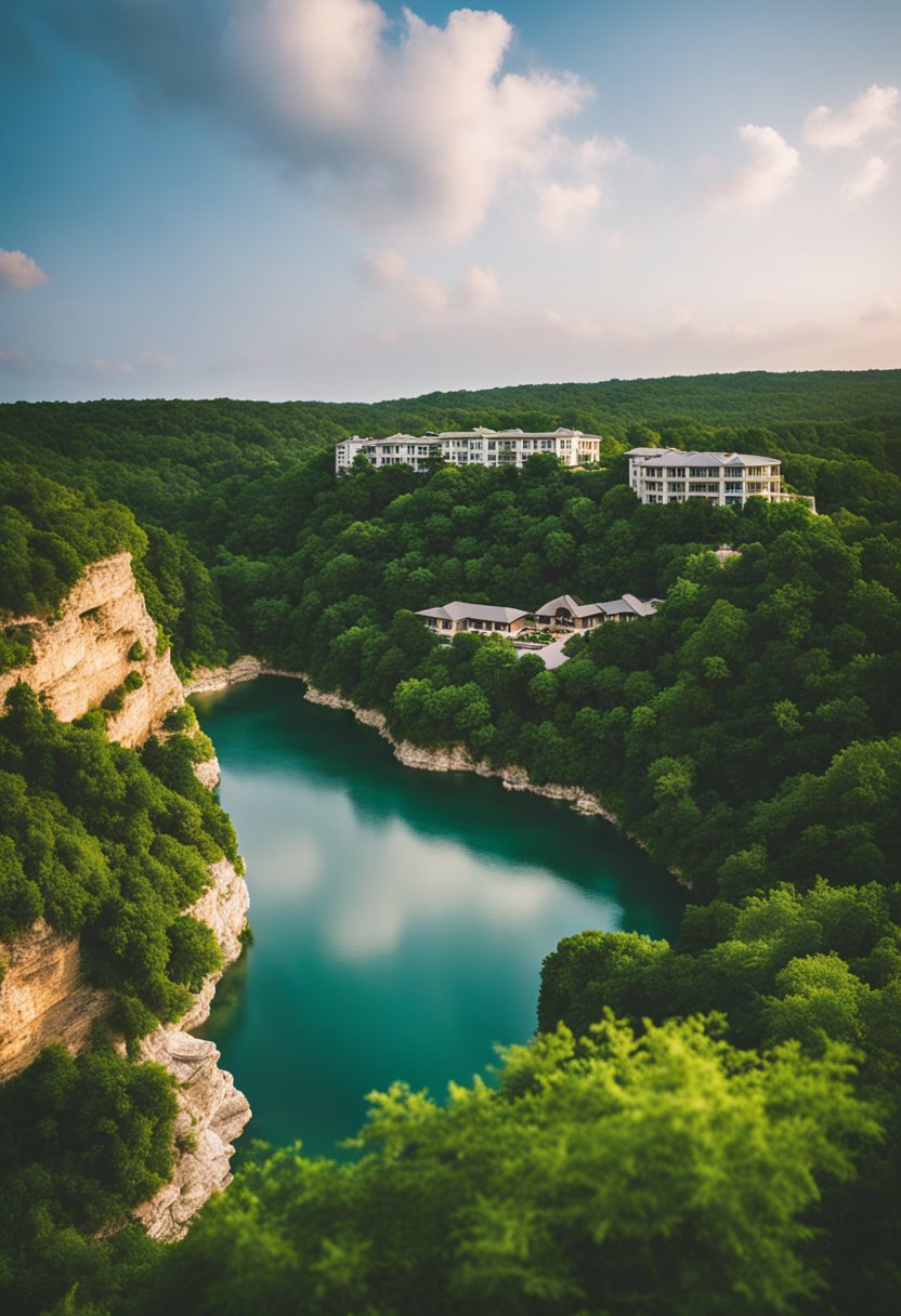 A stunning view of Cliffview Resort, nestled among lush greenery and overlooking the serene waters near Waco