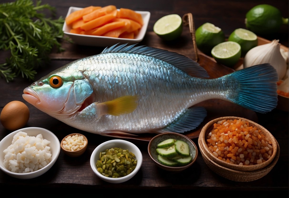 A parrot fish being scaled and gutted, surrounded by Chinese cooking ingredients and utensils