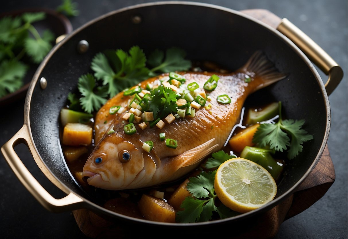 A parrotfish sizzling in a hot wok with ginger, garlic, and soy sauce. Green onions and cilantro garnish the dish