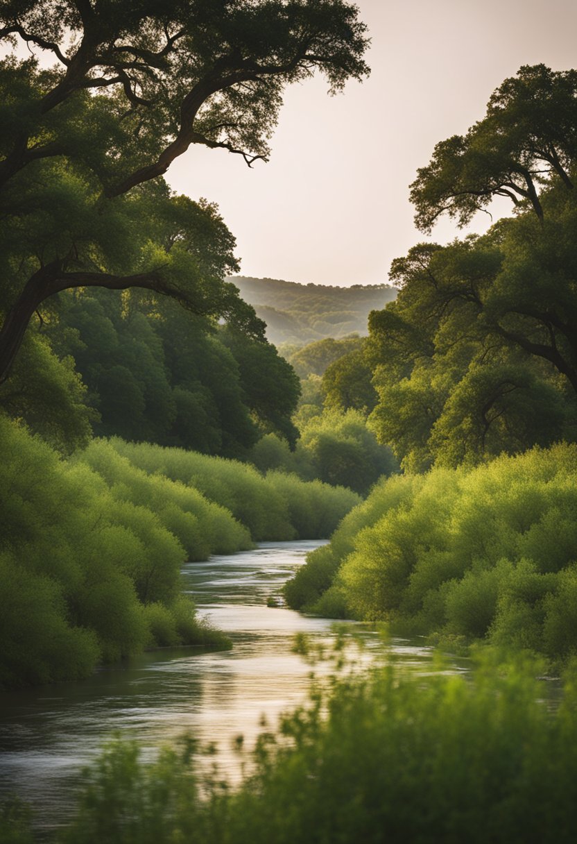 Rolling hills, lush greenery, and a tranquil river winding through the landscape at Brazos Bluff Ranch near Waco