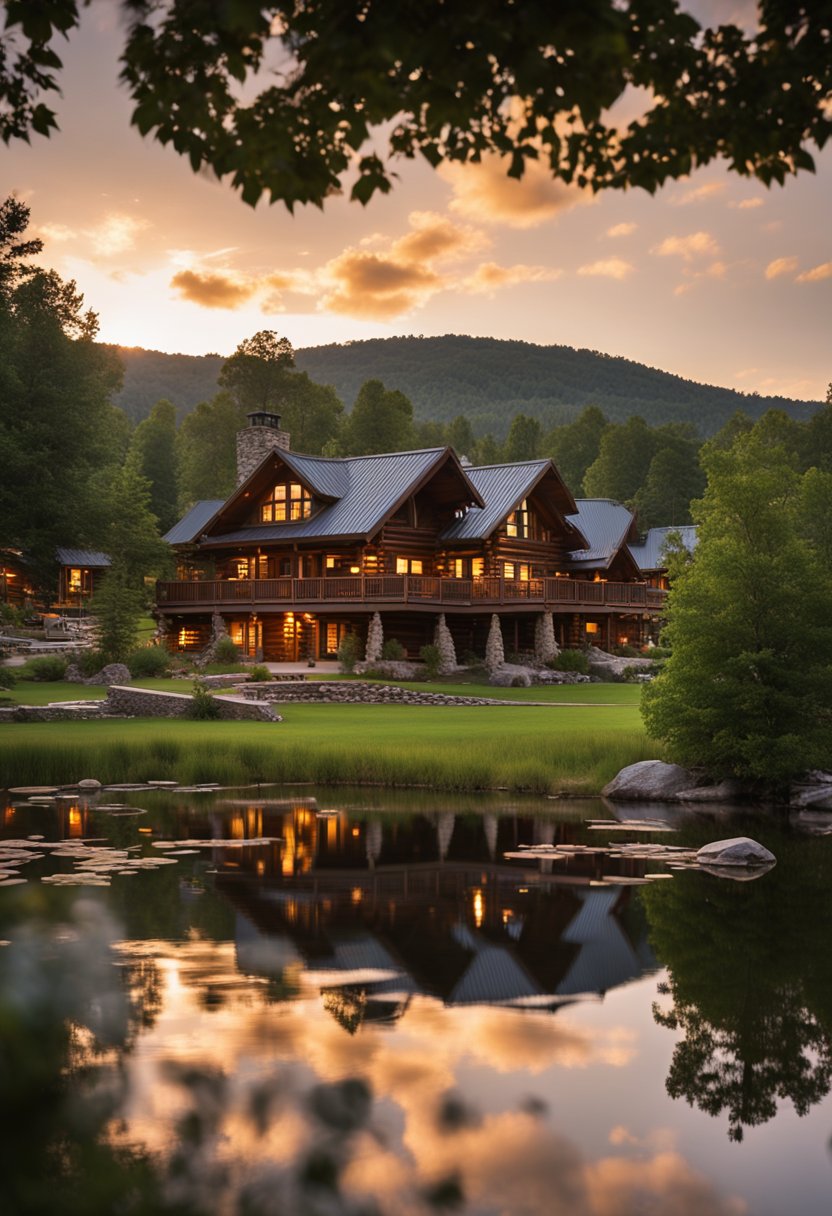 The sun sets behind the sprawling Rough Creek Lodge, casting a warm glow on the rustic log cabins and lush greenery surrounding the resort