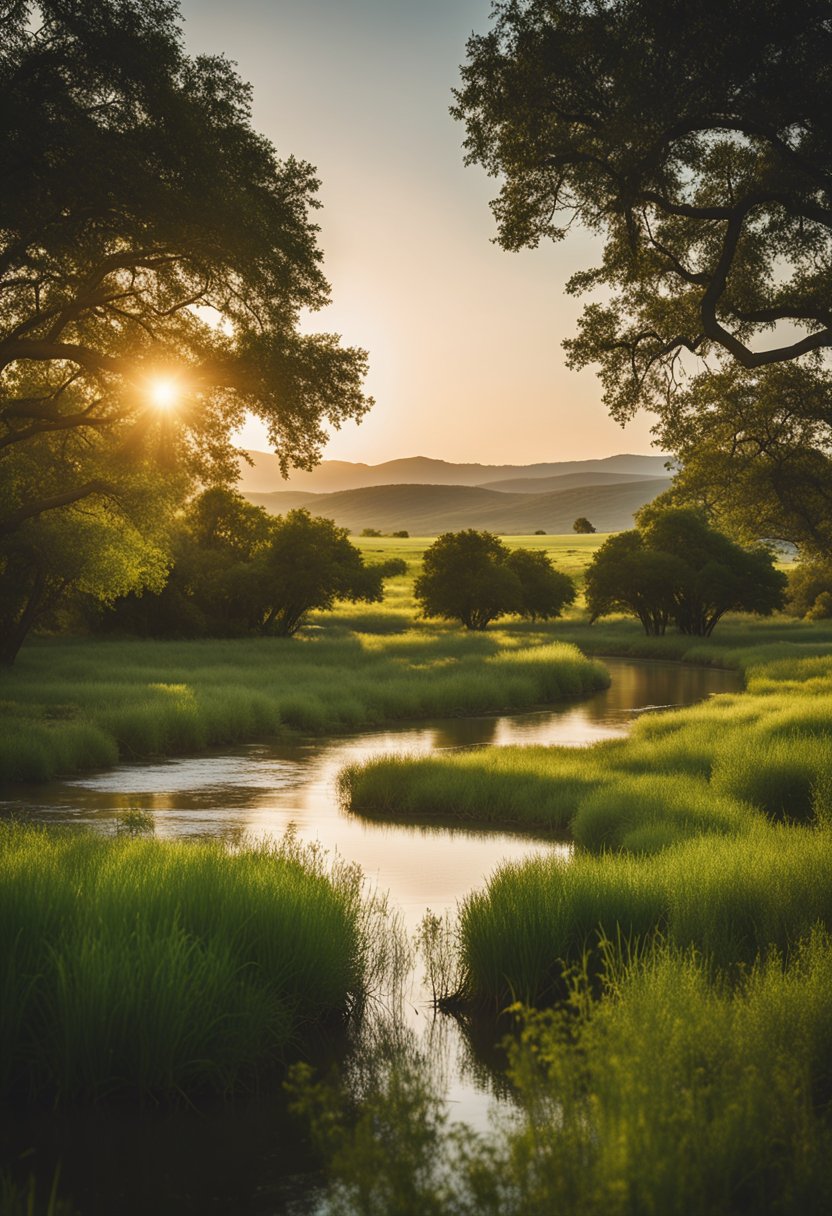 A serene river winds through lush green fields at Moon River Ranch near Waco. The sun sets behind the distant hills, casting a warm glow over the tranquil landscape