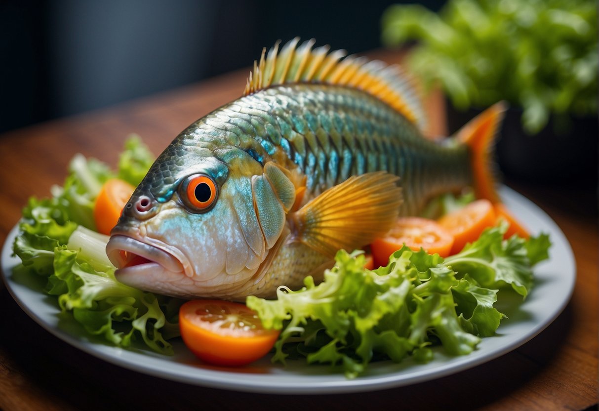 A whole parrot fish, steamed and garnished with ginger, scallions, and soy sauce, placed on a decorative platter with a bed of lettuce and surrounded by colorful vegetable garnishes