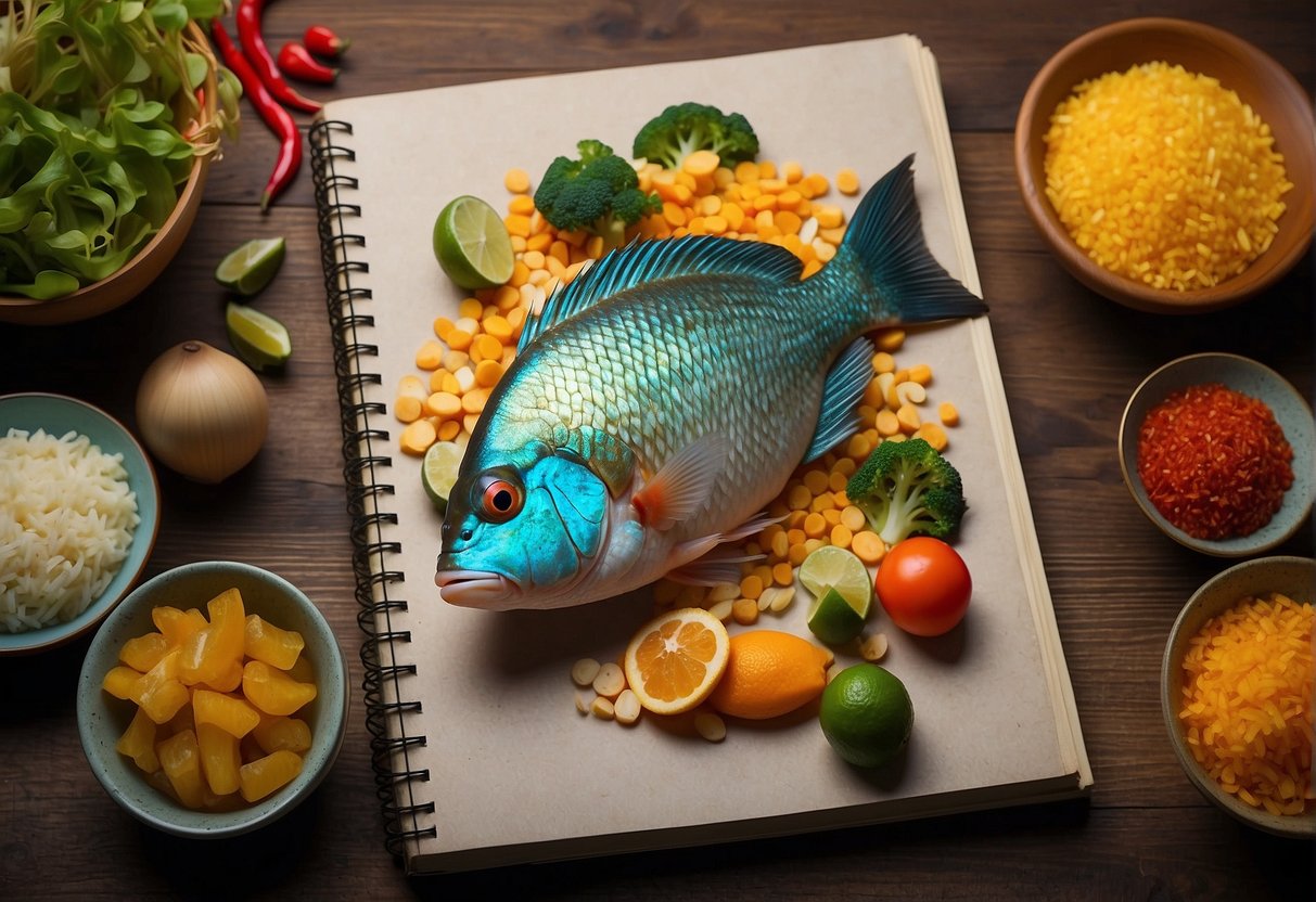 A colorful parrot fish surrounded by Chinese cooking ingredients and utensils, with a recipe book open to a page titled "Frequently Asked Questions parrot fish recipe Chinese"