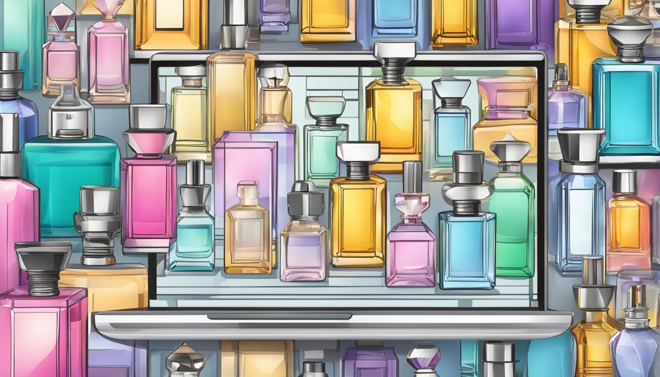 A computer screen displaying a variety of perfume bottles on an online shopping website, with a cursor hovering over the "add to cart" button