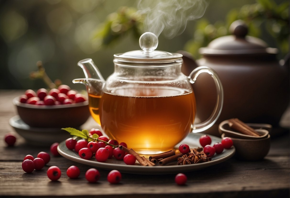 A steaming pot of hawthorn tea surrounded by fresh hawthorn berries, sugar, and a hint of cinnamon on a wooden table