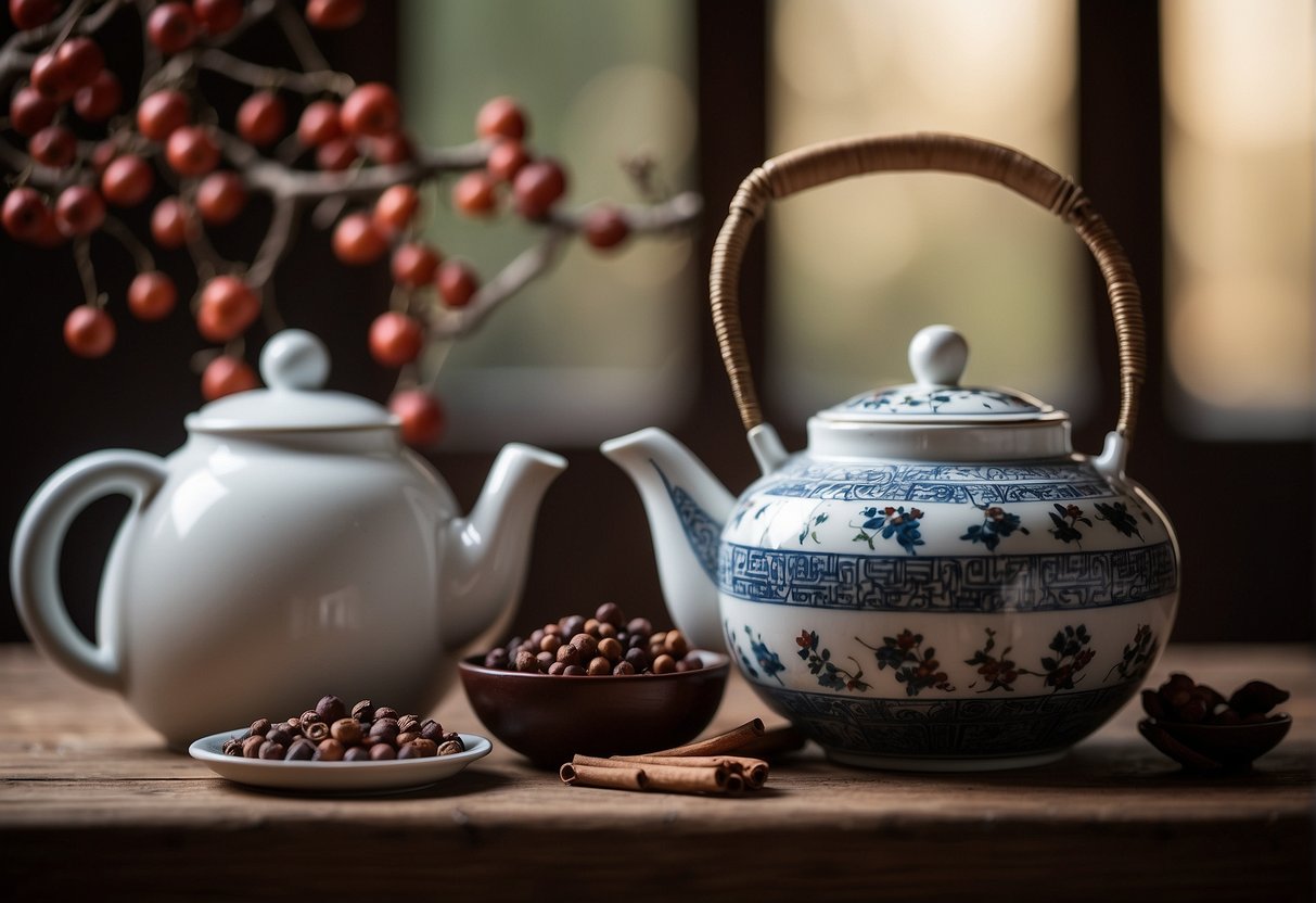 A traditional Chinese teapot sits on a wooden table surrounded by dried hawthorn berries, cinnamon sticks, and a pot of boiling water