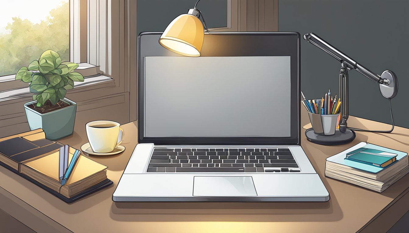 A laptop, books, and a lamp on a study table. A computer mouse and keyboard are nearby
