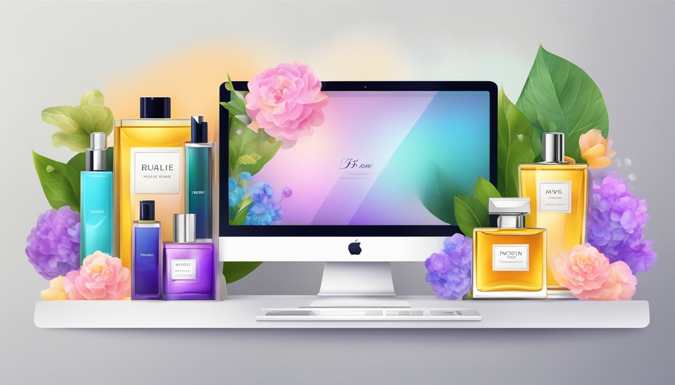 A computer screen displaying various perfume options with a "buy now" button. A sleek, modern website layout with enticing product images