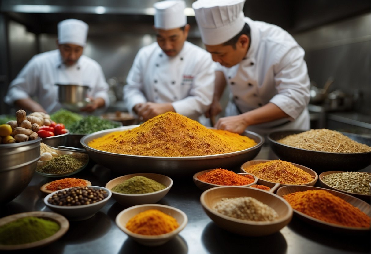 A bustling kitchen with chefs blending Peruvian and Chinese ingredients, surrounded by colorful spices and traditional cooking utensils