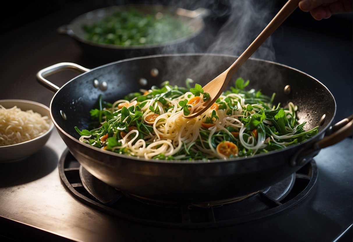 A wok sizzles with garlic and ginger as fresh pea shoots are tossed in, creating a vibrant and aromatic Chinese dish