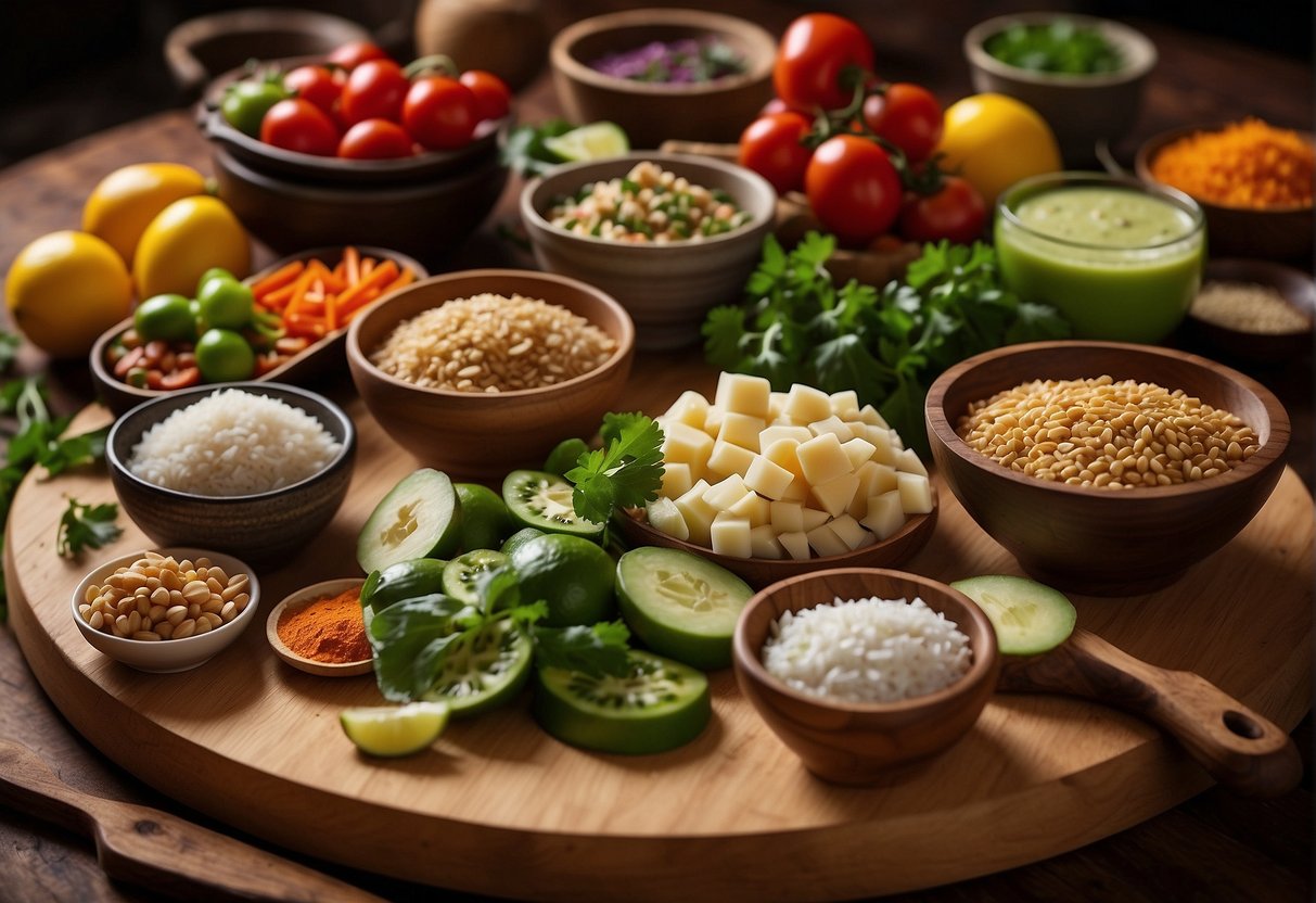 A colorful array of essential ingredients for Peruvian Chinese food recipes, with potential substitutions neatly arranged on a wooden cutting board
