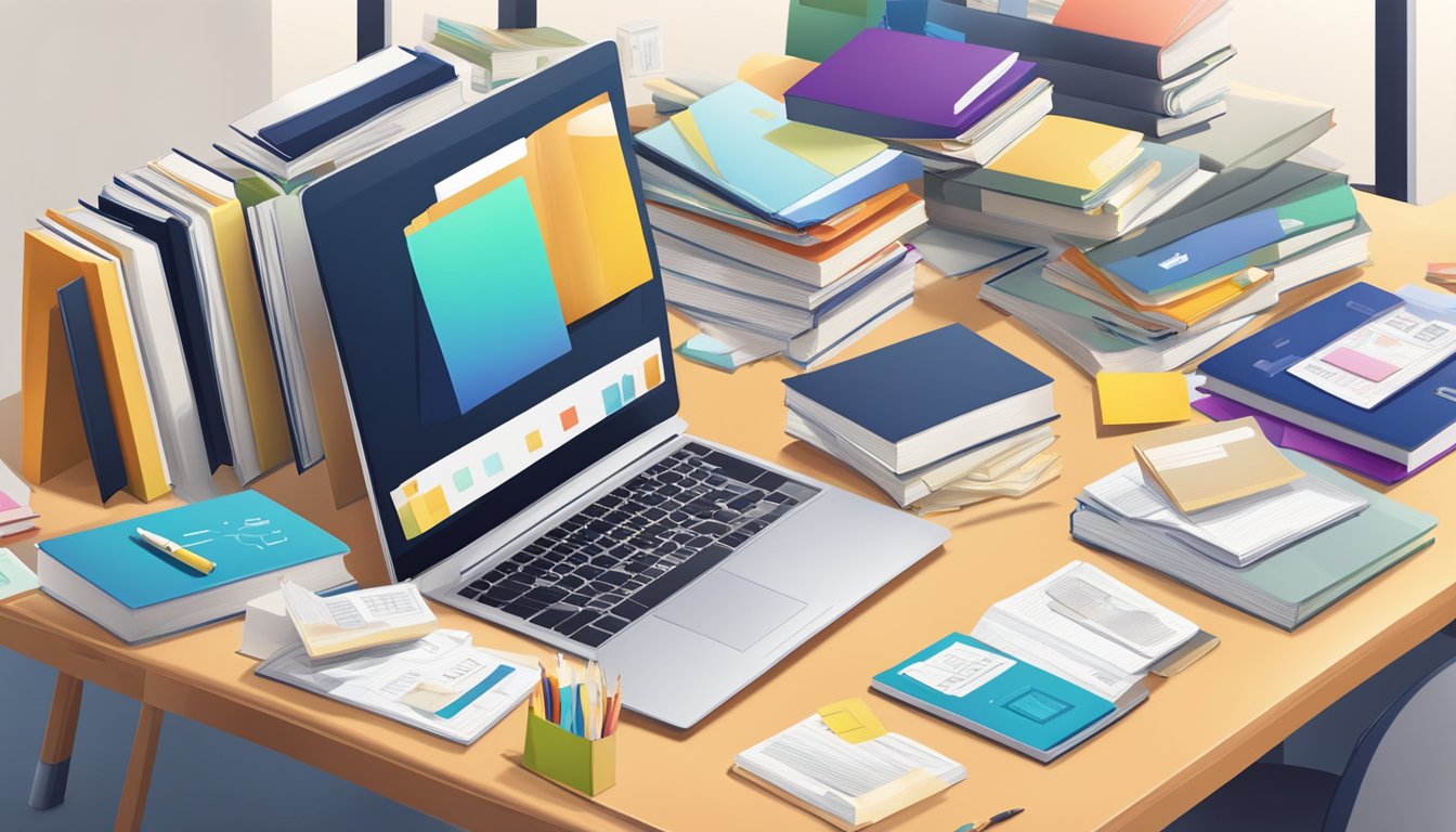 A study table surrounded by various discount tags and price stickers, with a laptop and books placed neatly on top
