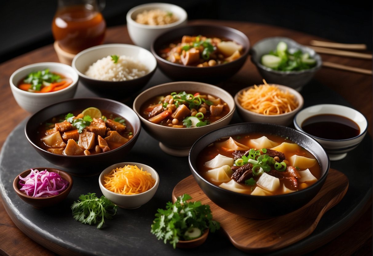 A table set with colorful Chifa dishes, steaming bowls of lomo saltado, chaufa rice, and wonton soup, surrounded by chopsticks and soy sauce