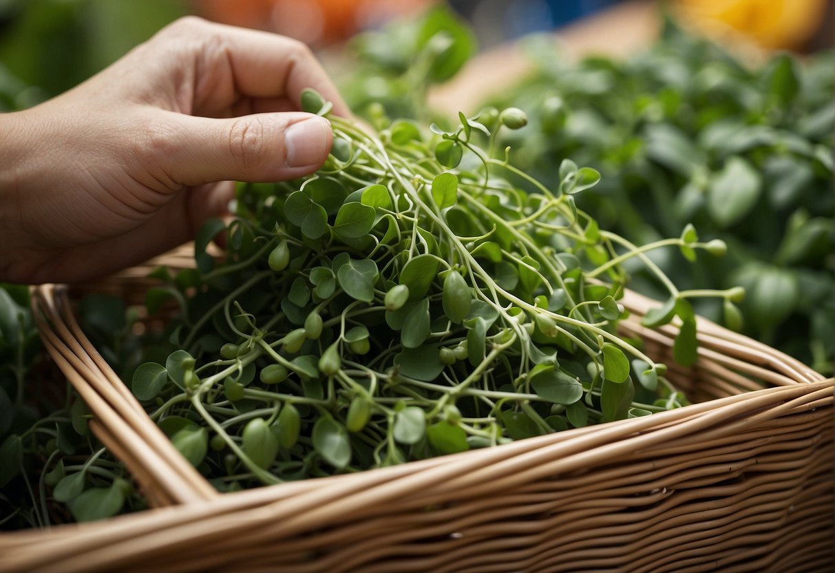 A hand reaches for fresh pea shoots in a market basket