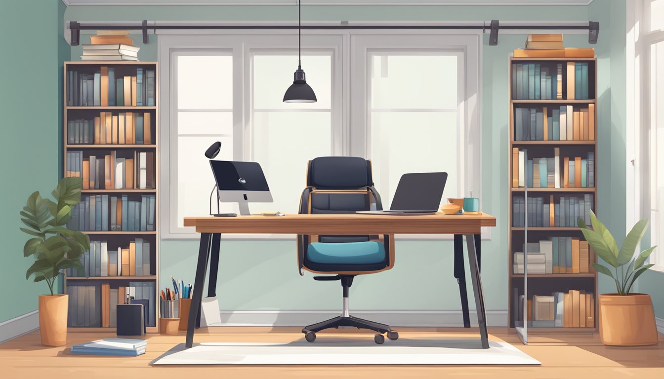 A spacious, well-lit study area with a sleek, affordable study table. Books, stationery, and a laptop neatly arranged for maximum productivity