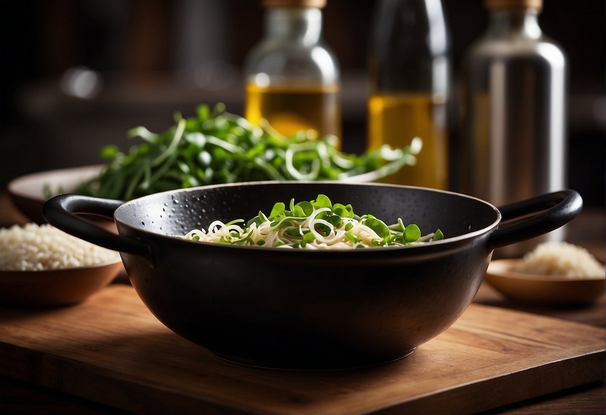 A wok sizzles with pea shoots, garlic, and ginger. A bottle of soy sauce and a bowl of sesame oil sit nearby