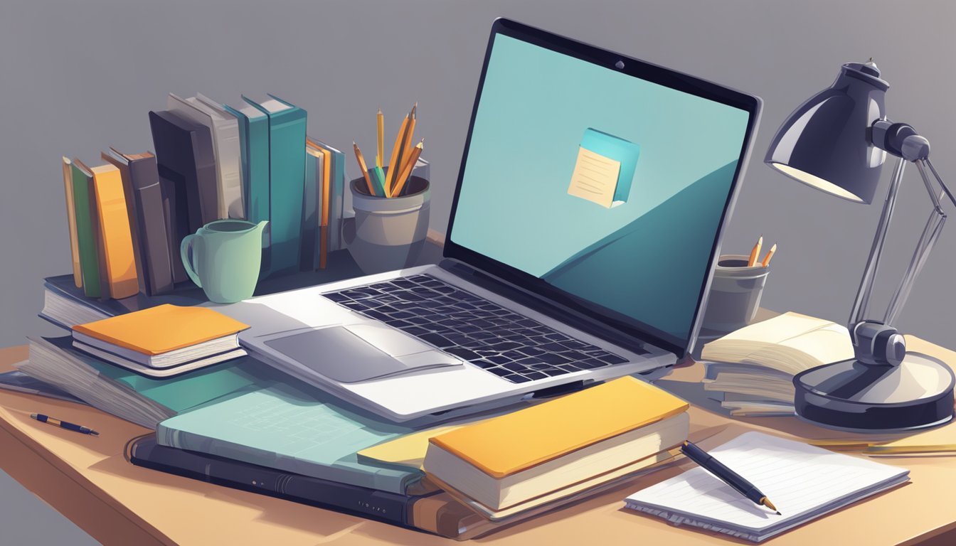 A laptop on a study table with a stack of books, a desk lamp, and a notepad with "Frequently Asked Questions" written on it
