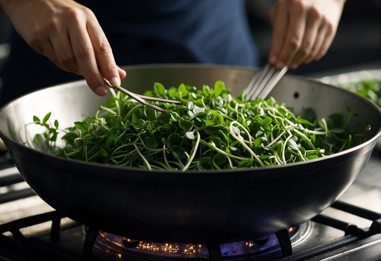 Pea shoots being washed and trimmed, then stir-fried with garlic and soy sauce in a wok
