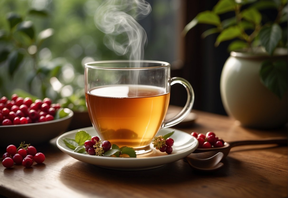 A steaming cup of chinese hawthorn tea sits on a wooden table, surrounded by fresh hawthorn berries and green tea leaves. A warm, inviting atmosphere is created by the soft lighting and cozy surroundings
