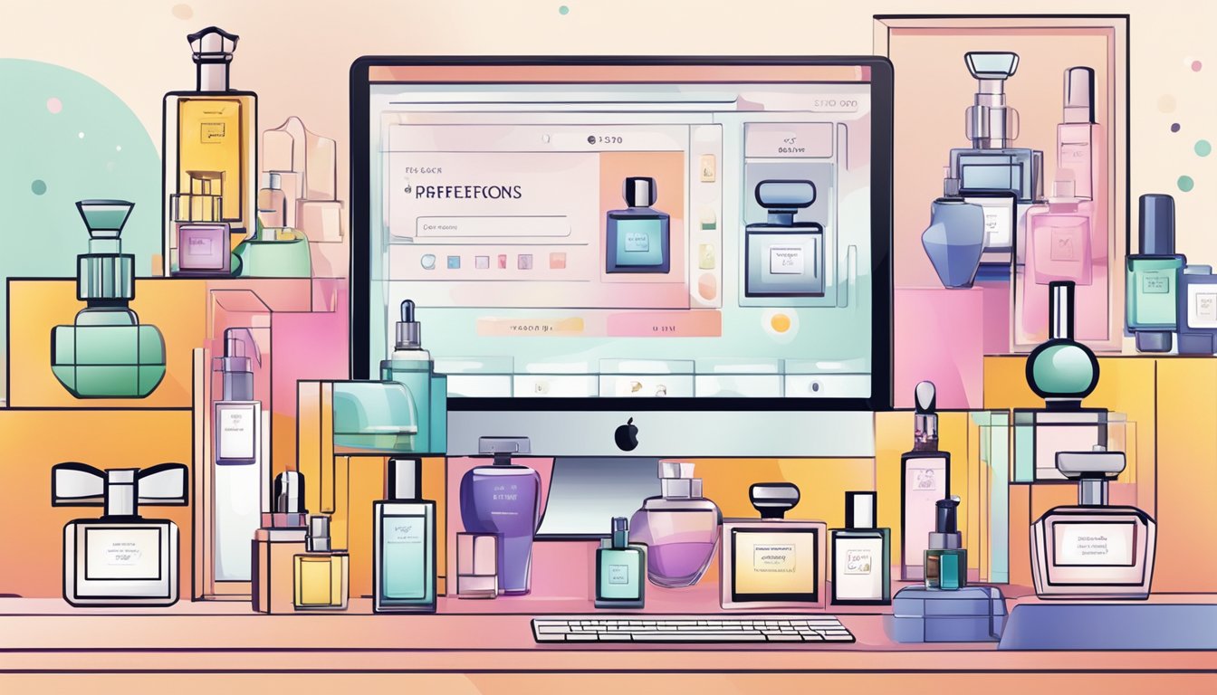 A computer screen displaying various perfume bottles with user-friendly interface and secure payment options