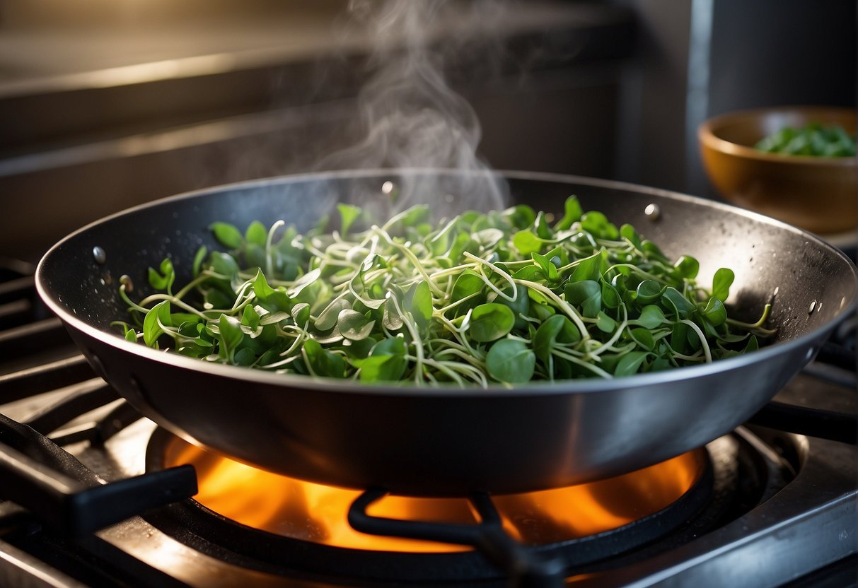 Pea shoots sizzling in a wok with garlic and ginger, steam rising, adding soy sauce and sesame oil