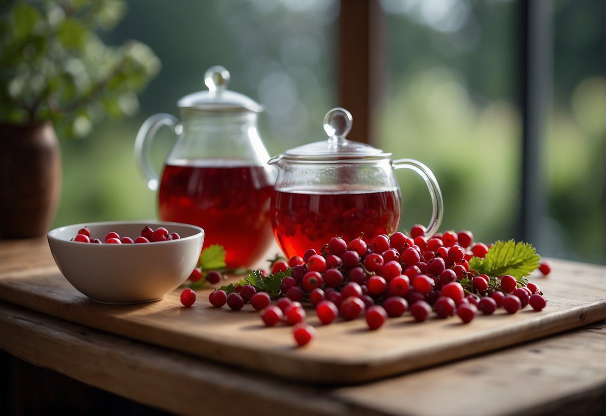 A table with hawthorn berries, a pot, and cups. Berries being washed and boiled in water