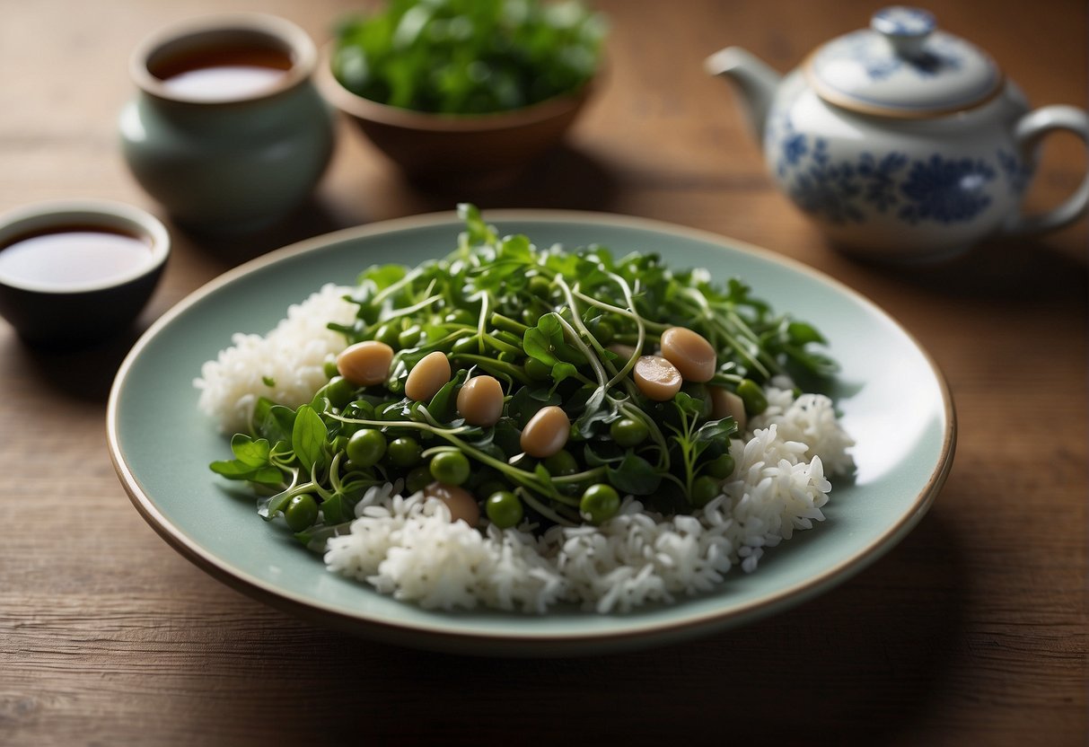 A plate of pea shoots stir-fry with garlic and soy sauce, paired with steamed rice and a pot of Chinese tea