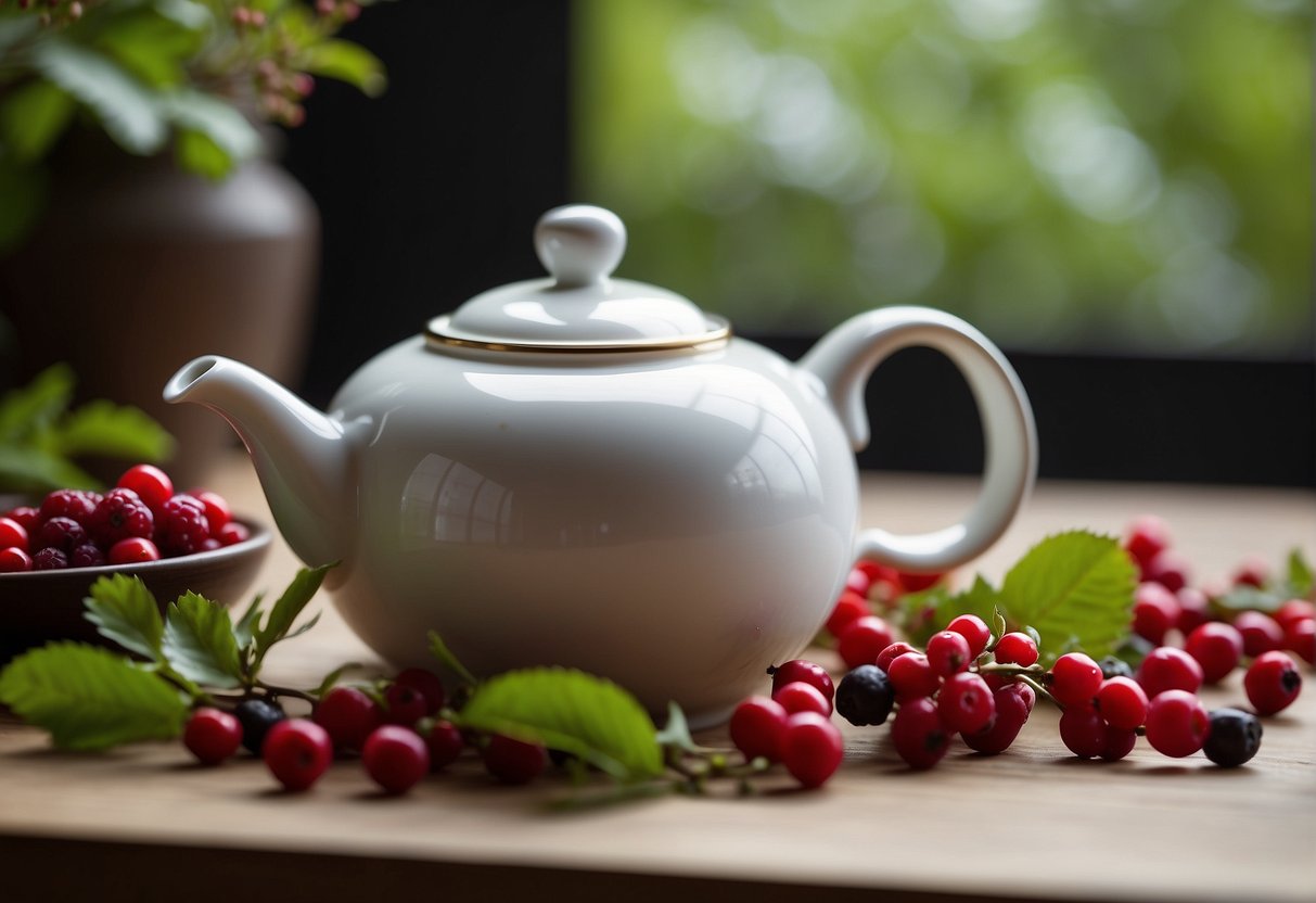 A steaming teapot sits on a wooden table surrounded by vibrant red hawthorn berries and fresh green leaves. A delicate china cup is filled with the fragrant tea, with a slice of lemon on the side