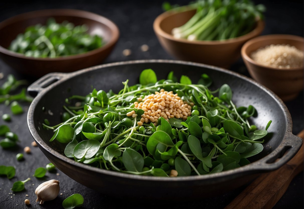Fresh pea shoots, vibrant green and tender, tossed with garlic, ginger, and soy sauce in a sizzling wok. A sprinkle of sesame seeds adds crunch and nuttiness to this nutritious Chinese dish
