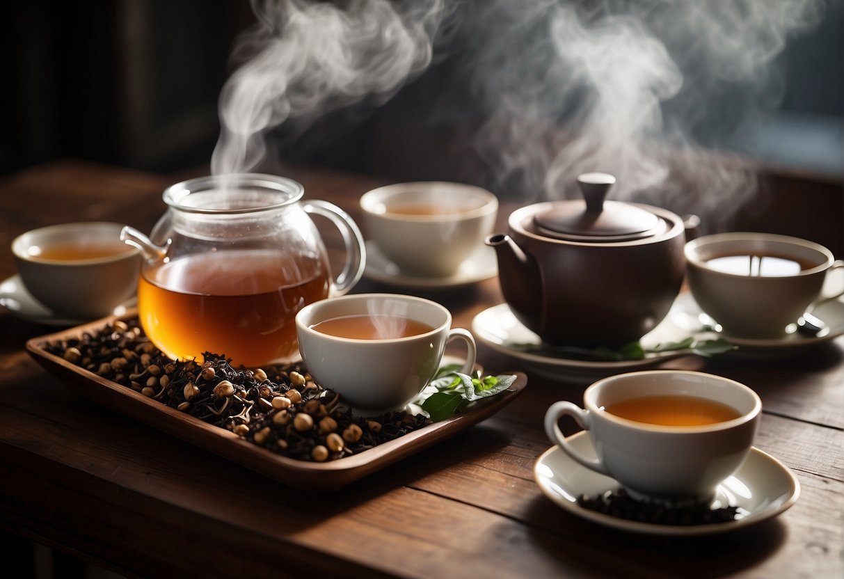 A steaming pot of Chinese hawthorn tea sits on a wooden table, surrounded by traditional tea cups and modern tea infusers. The room is filled with the aroma of the sweet and tangy brew, creating a sense of cultural and modern