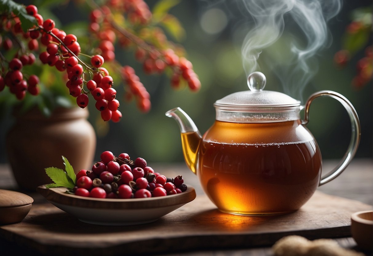 A steaming pot of Chinese hawthorn tea surrounded by fresh hawthorn berries, cinnamon sticks, and a hint of honey