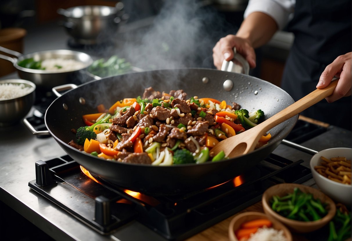A wok sizzles with stir-fried beef and vegetables, as a chef adds a splash of soy sauce. A mortar and pestle crushes garlic and spices for a marinade. A steaming pot of rice sits nearby