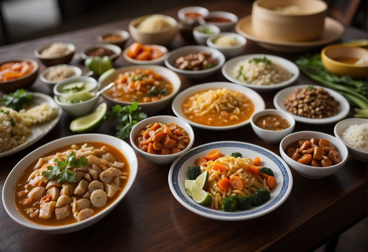 A table displays a variety of Peruvian-Chinese food dishes with nutritional information and dietary adaptations listed next to each recipe