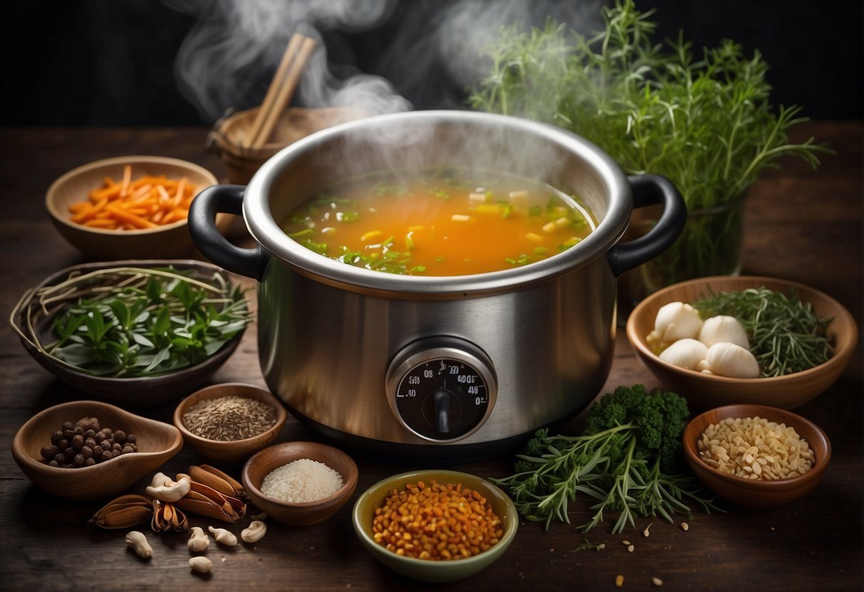 A steaming pot of Chinese healing soup surrounded by various herbs, spices, and ingredients