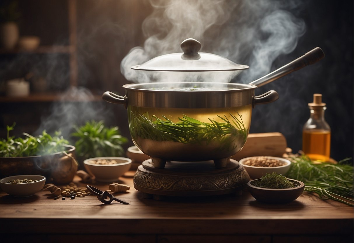 A steaming pot of Chinese healing soup with a variety of herbs and ingredients, surrounded by traditional Chinese medicine tools and a serene, peaceful atmosphere
