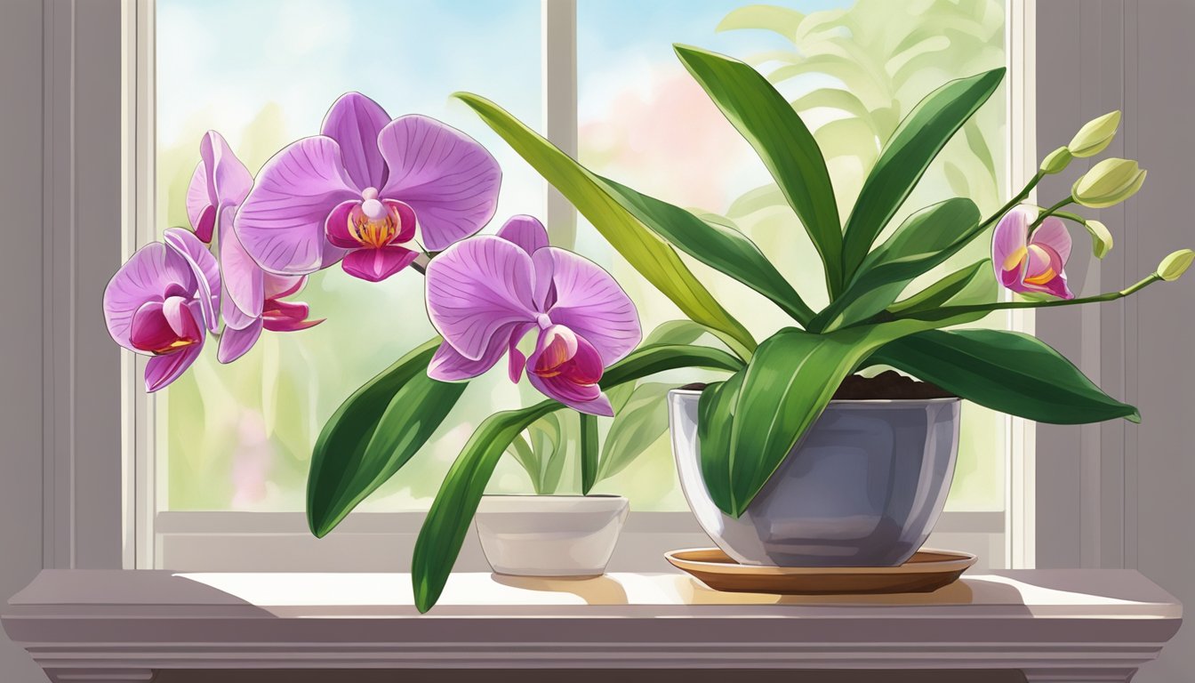 A hand gently waters a potted orchid on a sunny windowsill. The delicate flowers and lush green leaves are vibrant and healthy. The pot sits on a decorative saucer, adding a touch of elegance to the scene