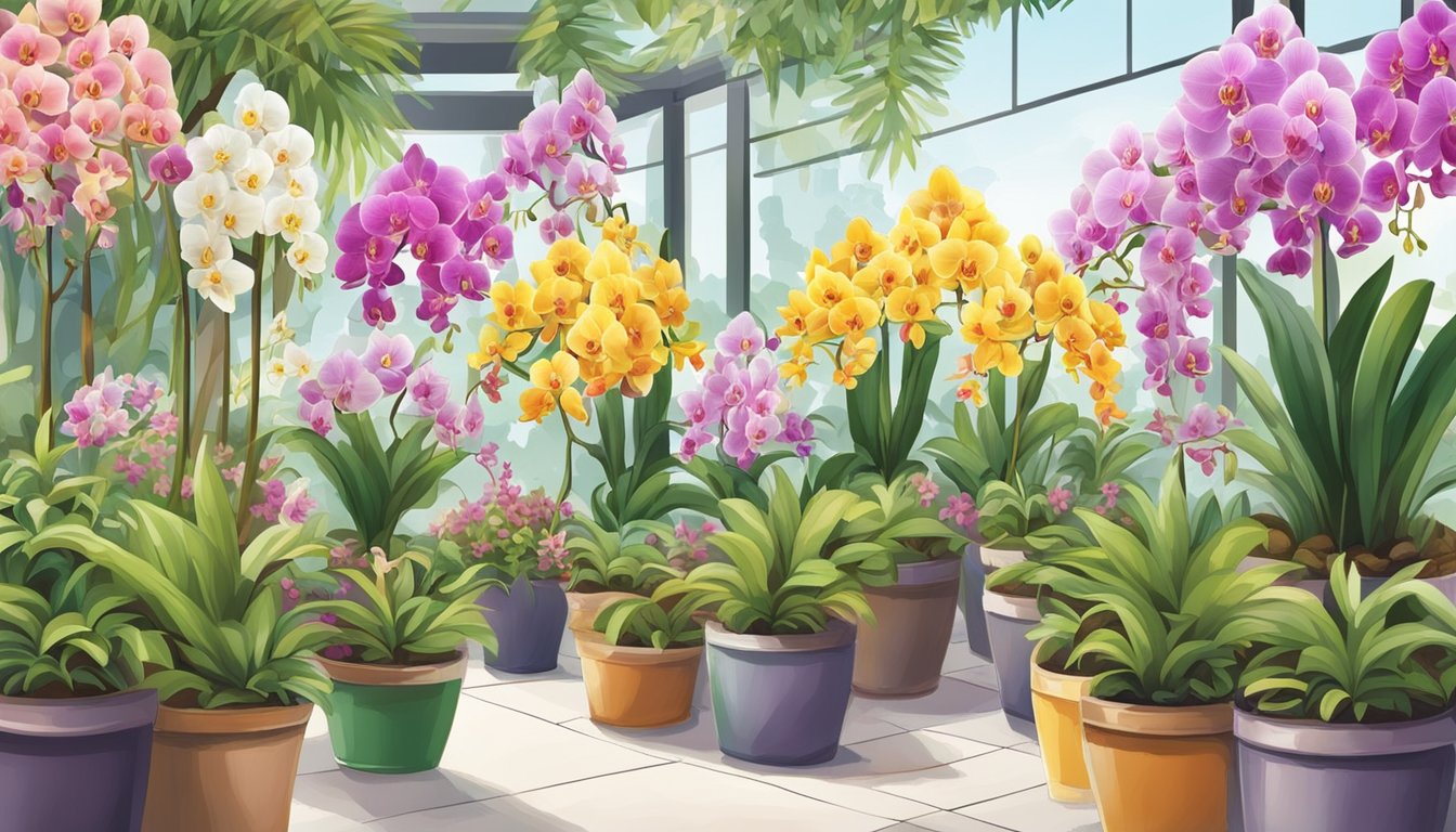 A colorful display of potted orchids in a Singaporean garden center, with labels indicating prices and care instructions