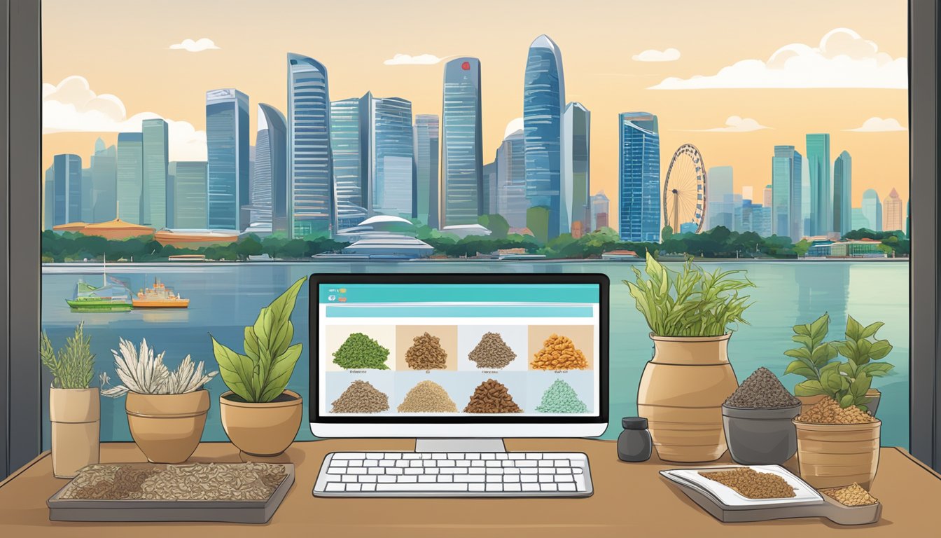 A computer screen displaying a website with various Chinese herbs for sale, with the Singapore skyline in the background
