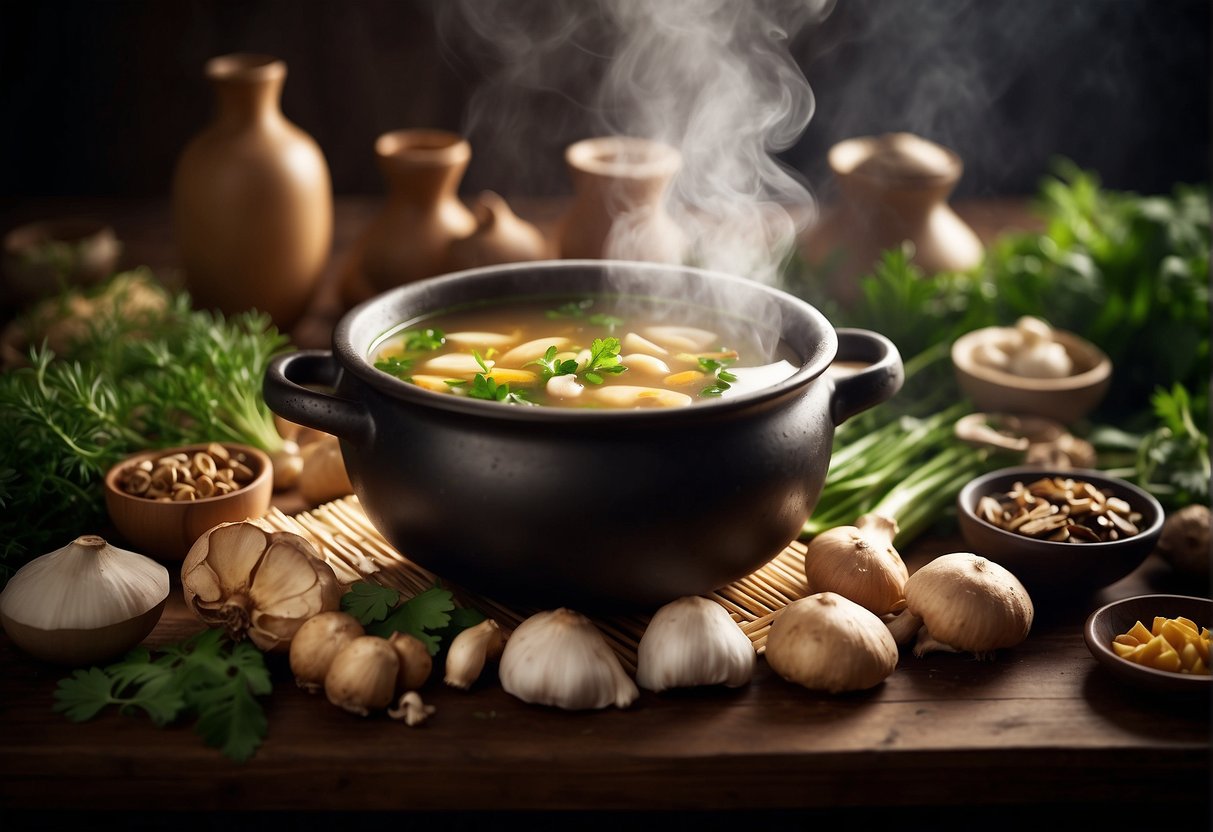 A steaming pot of Chinese healing soup surrounded by various ingredients like ginger, garlic, mushrooms, and herbs, with a warm and comforting atmosphere