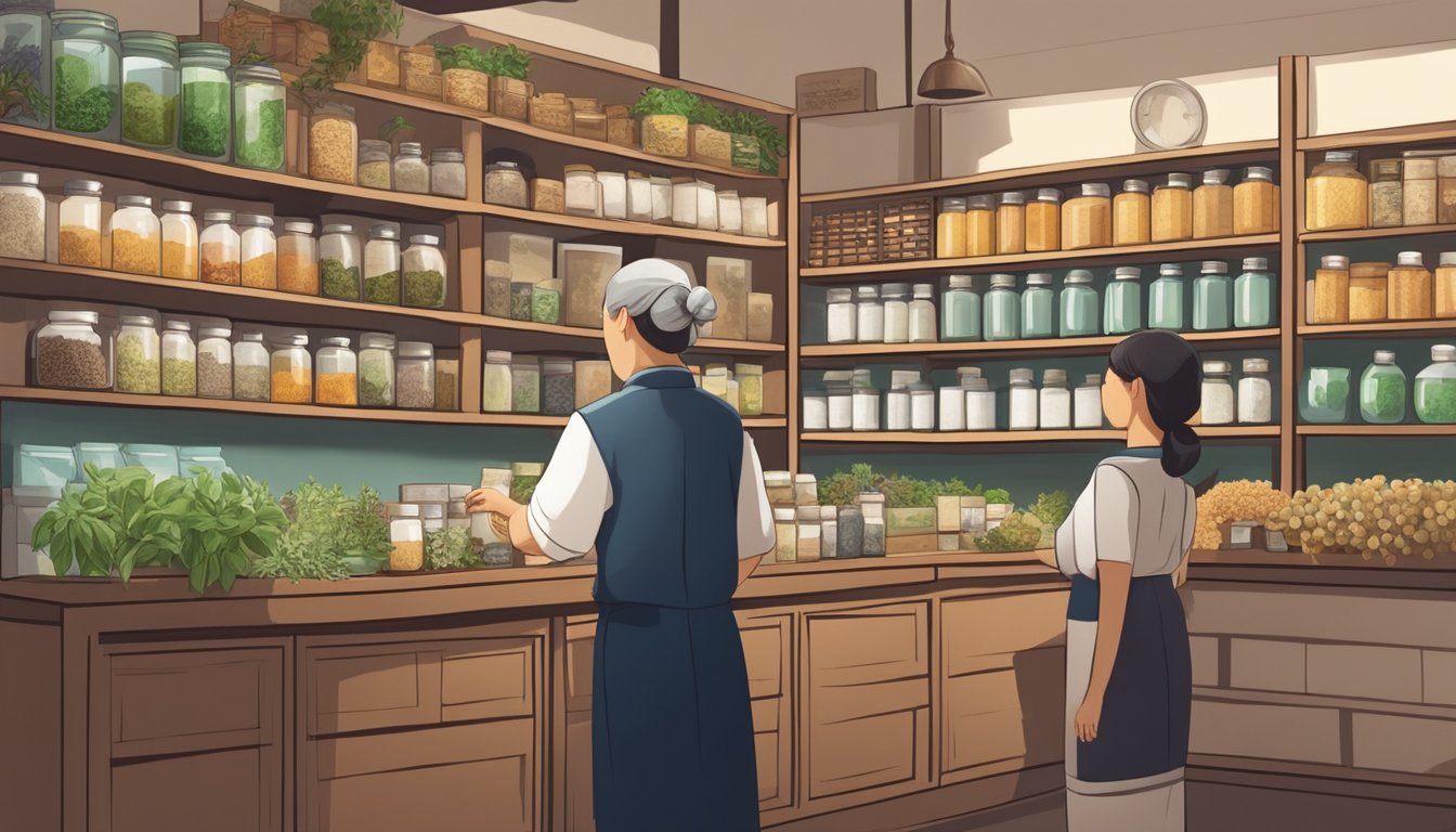 A traditional Chinese medicine shop in Singapore, with shelves filled with various herbs and remedies, a knowledgeable herbalist assisting a customer